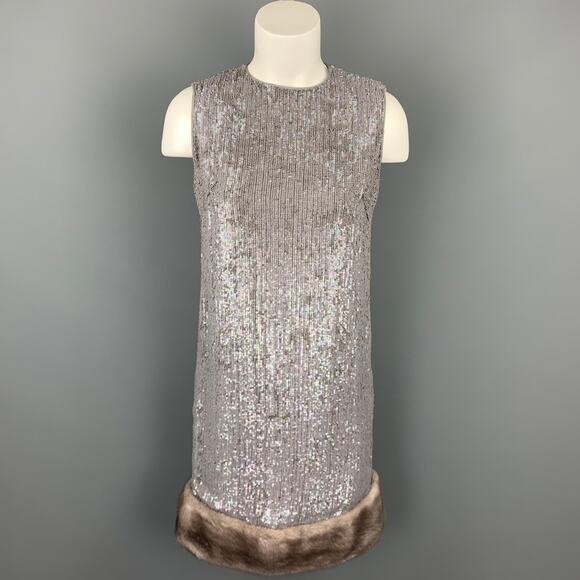 NORMAN AMBROSE Size 4 Gray Silk Sequined Mink Fur Panel Shift Cocktail Dress - Picture 1 of 5
